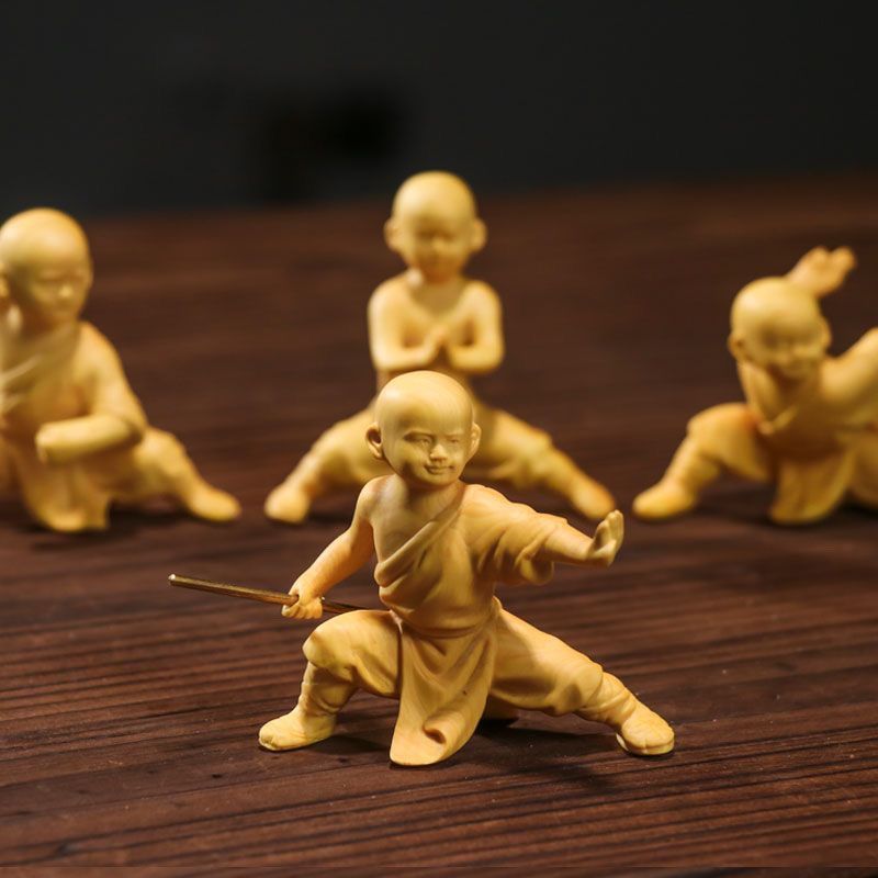 Boxwood Carved Handheld Figurine Character Kid Martial Kung Fu Little Monk Home Decoration Chinese Style Ornament_voghion.com