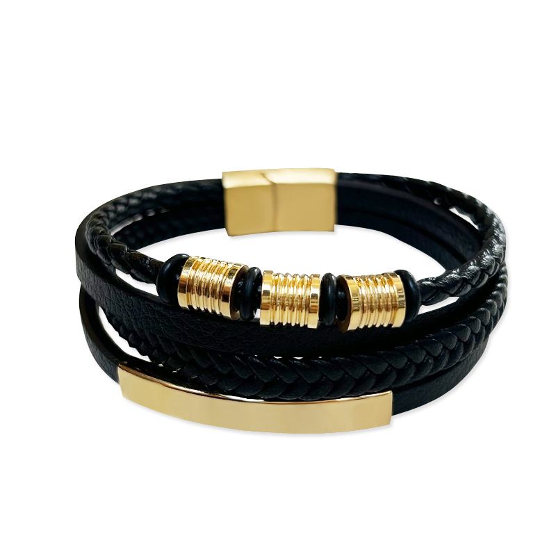 Braccialetto artistico multistrato originale da uomo con tre anelli in oro e accessori in acciaio al titanio, alla moda, in pelle nera_voghion.com