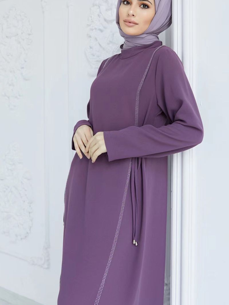 Gonna lunga semplice da donna, con scollo rotondo, ampia, a trapezio, a maniche lunghe, in pizzo, per il commercio estero in Medio Oriente_voghion.com