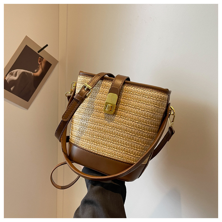 Borsa a secchiello da donna, elegante borsa intrecciata a mano, borsa a tracolla singola in paglia intrecciata da donna, borsa a secchiello casual_voghion.com