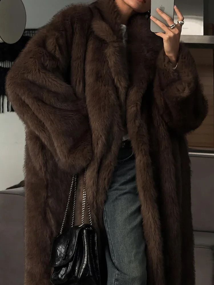 Luxury Long Faux Fox Fur Coat Women's Winter Elegant Overcoat - Ankle-Length Plush Outerwear In Rich Brown (S, M, L, XL, XXL)_voghion.com