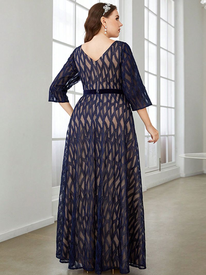 Robe de soirée élégante grande taille à col en V profond pour fêtes, mariages et occasions spéciales – Robe trapèze en polyester extensible avec détails brodés_voghion.com