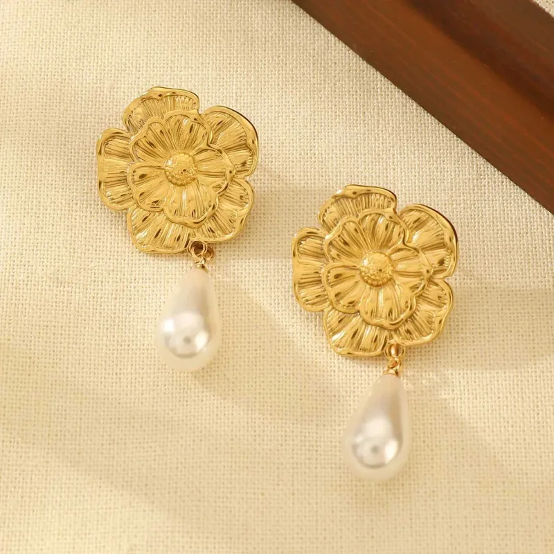 Vintage Stainless Steel Flower Pearls Dangle For Women Non Fading Metal Earrings Allergy Resistant Jewelry Accessories_voghion.com