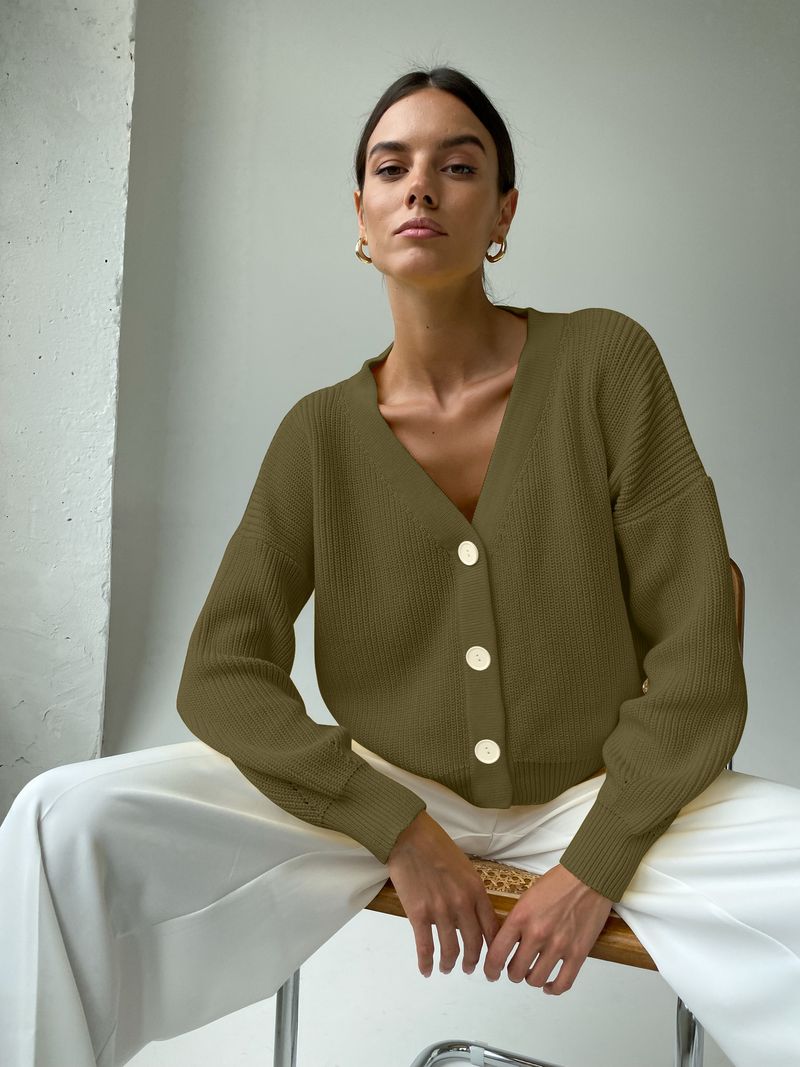 Damenbekleidung Herbst- und Winter-Strickjacke, einreihig, einfarbig, gestrickt, Unterhemd, Temperament, Pendlerpullover, Pullover, Damen_voghion.com