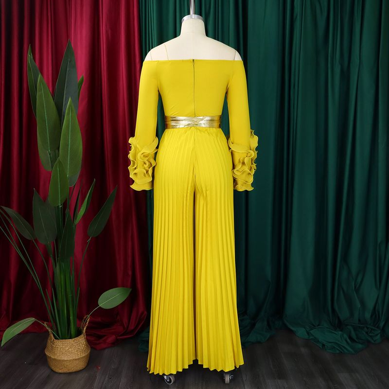 Dameskleding Nieuwe mode Een schouder Ruffle mouw Effen kleur Geplooide wijde pijpen Jumpsuit_voghion.com