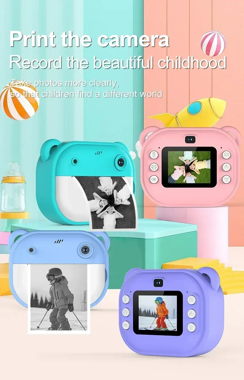 Câmera digital infantil com impressão instantânea para crianças, câmera térmica com impressão instantânea de fotos, câmera de vídeo e brinquedos + cartão de memória de 32 GB_voghion.com