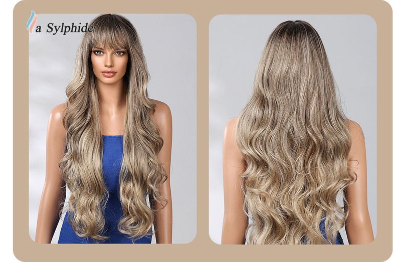 Parrucca con extension per capelli, frangia a onde grandi, capelli lunghi e ricci, sfumatura platino, simulazione atmosfera, fibra chimica, donna_voghion.com