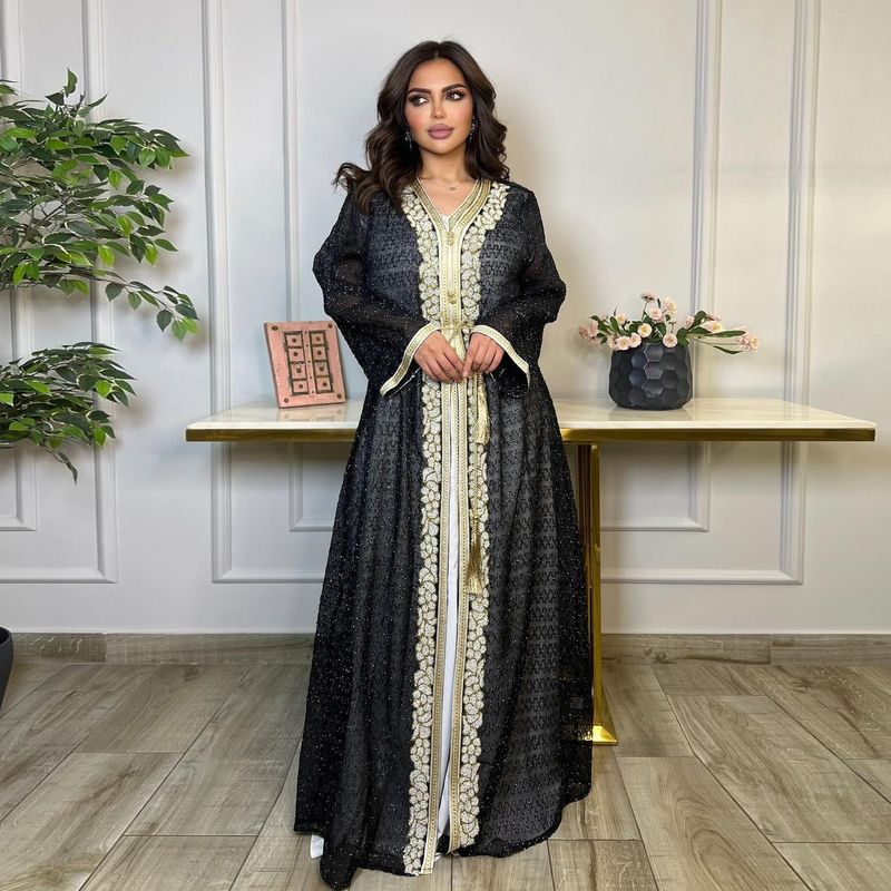 Completo da donna in due pezzi con ricamo a rombi caldi, alla moda, jalabiya saudita con cordino in vita_voghion.com