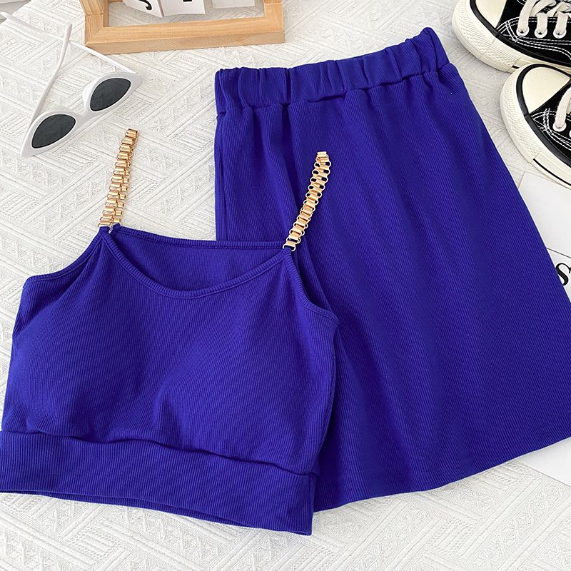 Set due pezzi con canotta corta a catena sexy da donna, gonna aderente a vita alta e gonna a vita alta_voghion.com