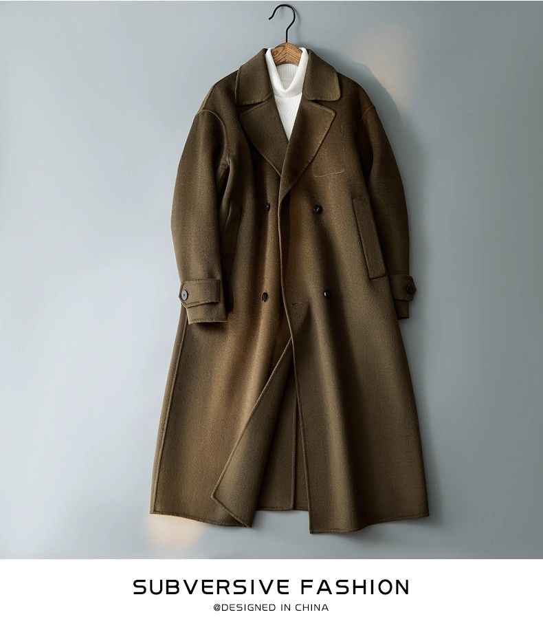 Double-Sided Woolen Mid-Length Coat For Men, Korean Style, Loose Fit, Turn-Down Collar, Casual Versatile Full Wool Suit_voghion.com