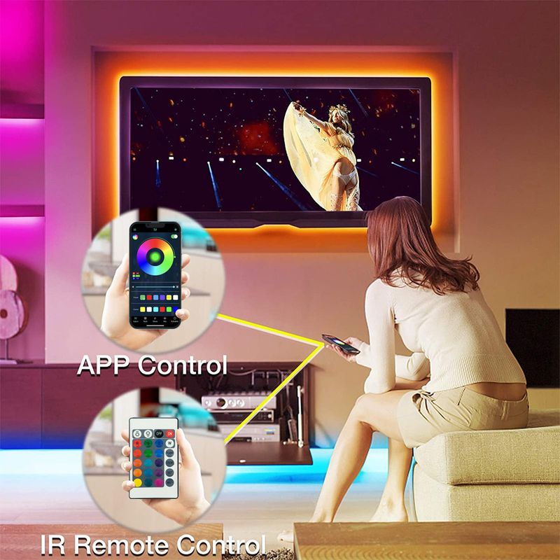 Bande lumineuse LED RGB USB 5 V avec Bluetooth et télécommande infrarouge - 16 millions de couleurs, LED SMD 5050/2835 (12/18/30/60 LED/mètre), flexible et autocollante_voghion.com