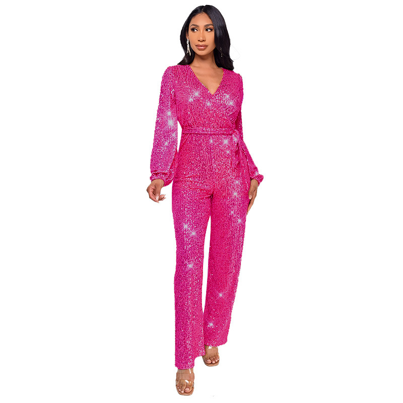 Damkläder Ins Style Deep V Mode Casual Jumpsuit Långärmat Bälte Paljett Jumpsuit Dam_voghion.com