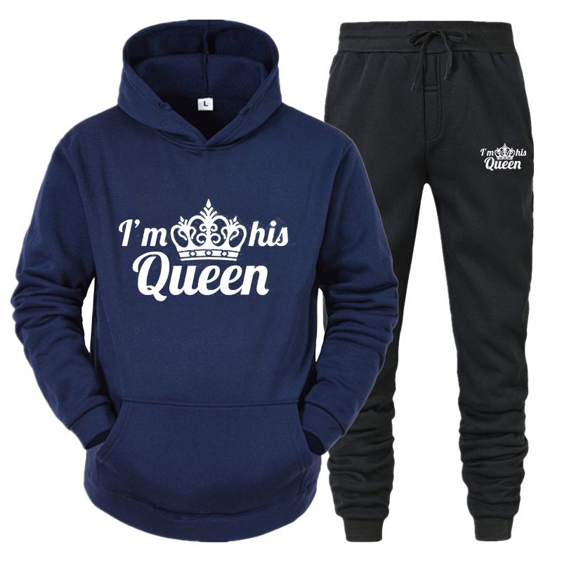 Set da donna con cappuccio KING QUEEN per coppie maschili e femminili, tuta sportiva casual, set di due pezzi_voghion.com