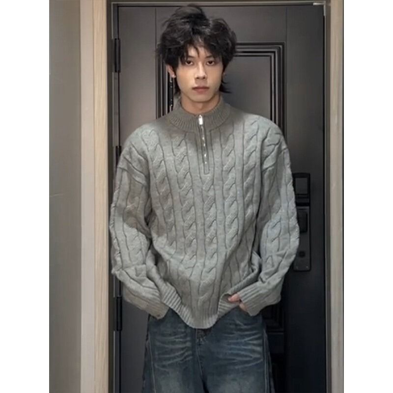 Half-Zip-Strickpullover mit Zopfmuster – Wintertauglicher Pullover mit hohem Kragen für Herren mit altem Geld und entspannter Ästhetik_voghion.com