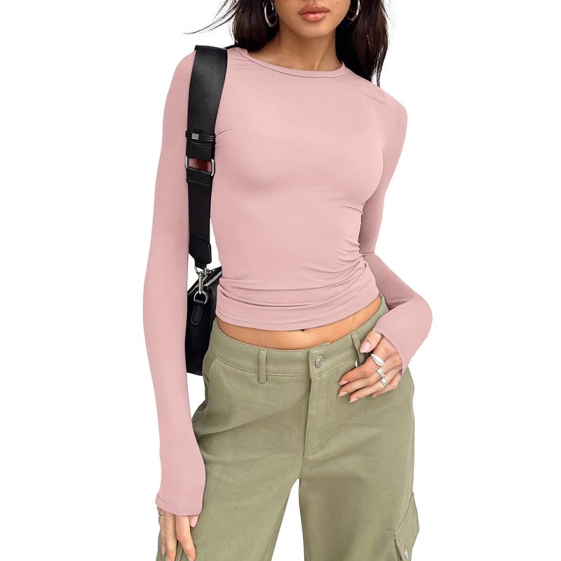 Maglietta casual a maniche lunghe da donna, a tinta unita, attillata, primaverile e autunnale_voghion.com