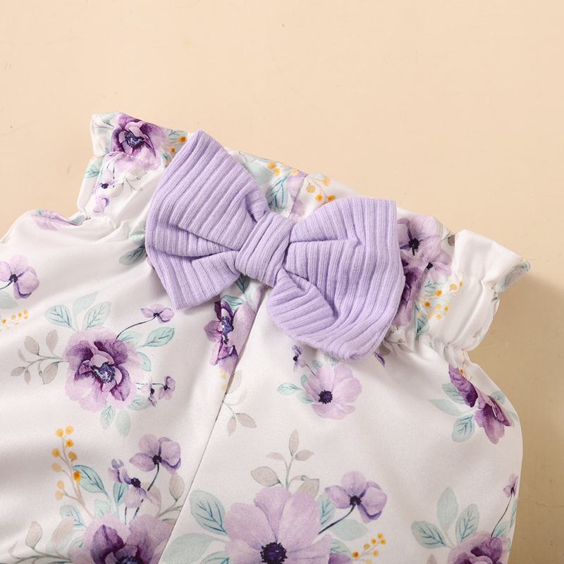 Girls spring and autumn 2024 new Korean style hot solid color short-sleeved top + small floral shorts three-piece set_voghion.com