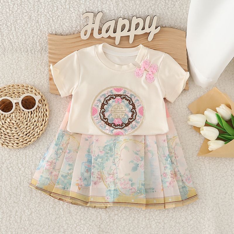 Gonna a maniche corte cinese con faccia di cavallo 2024, set da due pezzi per ragazze da 0 a 5 anni, abbigliamento estivo per bambini_voghion.com