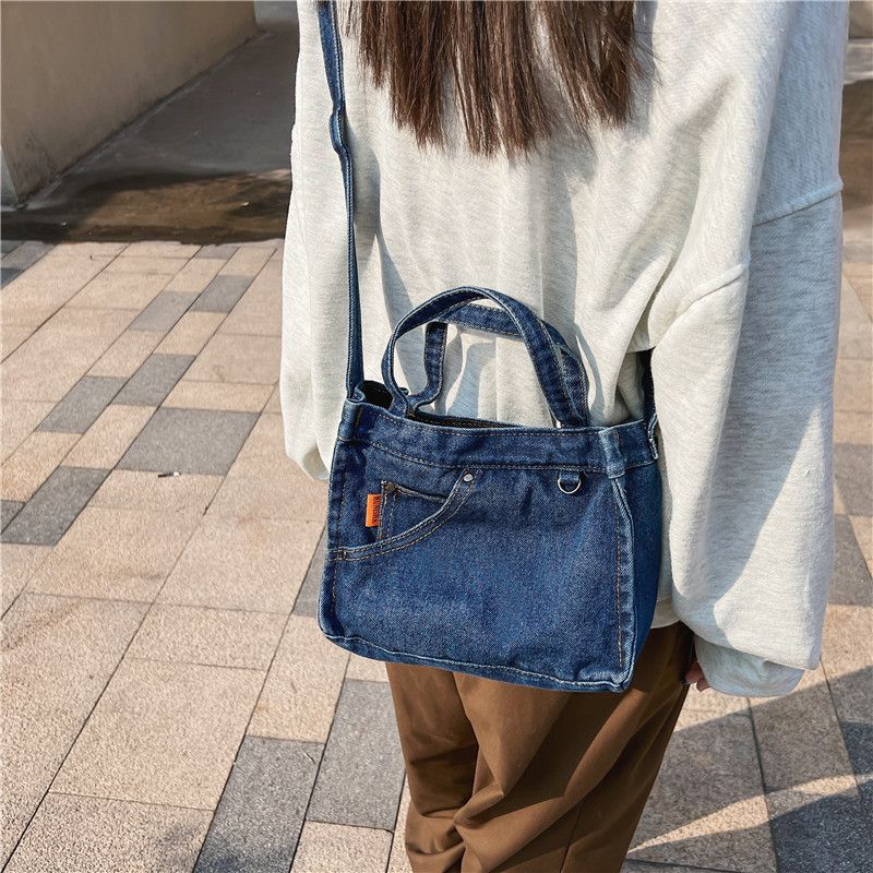 Borsa a mano in denim, tracolla, trendy, da donna, piccola, quadrata, stile campus, casual_voghion.com