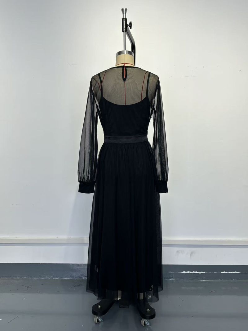 Completo due pezzi in rete nera – Elegante abito lungo a vita alta con maniche lunghe e rivestimento trasparente (nero senza tempo, versatilità dall'ufficio al cocktail)_voghion.com