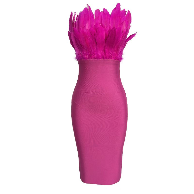 Abito con bende di piume - Abito da sera aderente senza spalline per donna, in poliestere elasticizzato, abbigliamento da discoteca sexy, XS/S/M/L, rosso rosa e marrone scuro_voghion.com