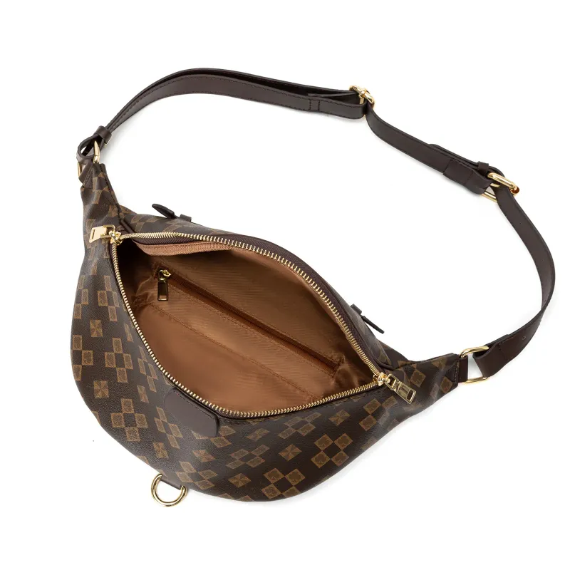 Borsa firmata con spedizione gratuita, marsupio con motivo monogramma, manico superiore con cerniera e dettagli in metallo_voghion.com