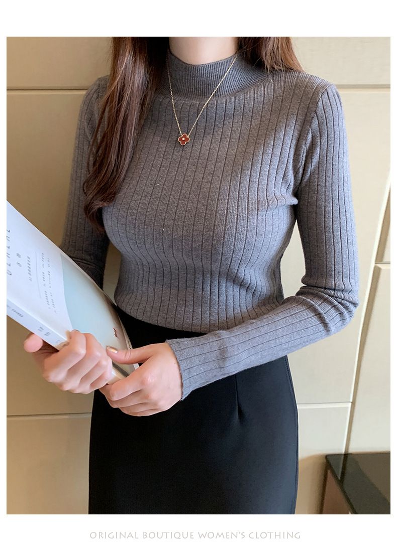 Autumn Winter New Women's Half-Polo Turtle Neck Knit Sweater Solid Color Base Layer Top Inner Outer Wear Stylish Medium Length_voghion.com