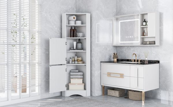 Tall Bathroom Corner Cabinet; Freestanding Storage Cabinet With Doors And Adjustable Shelves; MDF Board_voghion.com