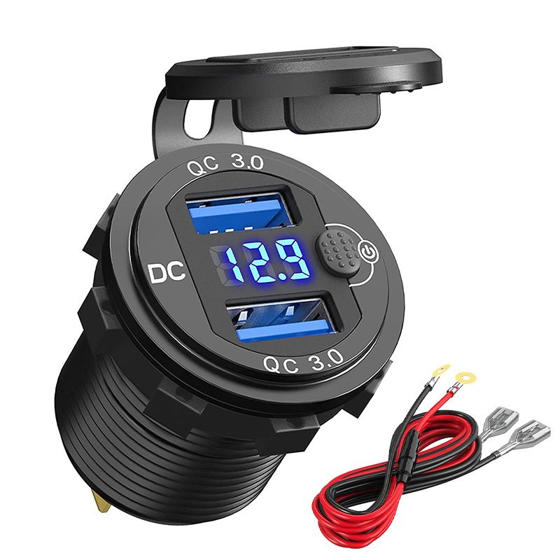 Carregador de carro modificado para motocicleta RV com porta USB de carregamento rápido inteligente QC3.0 de metal mais vendido_voghion.com