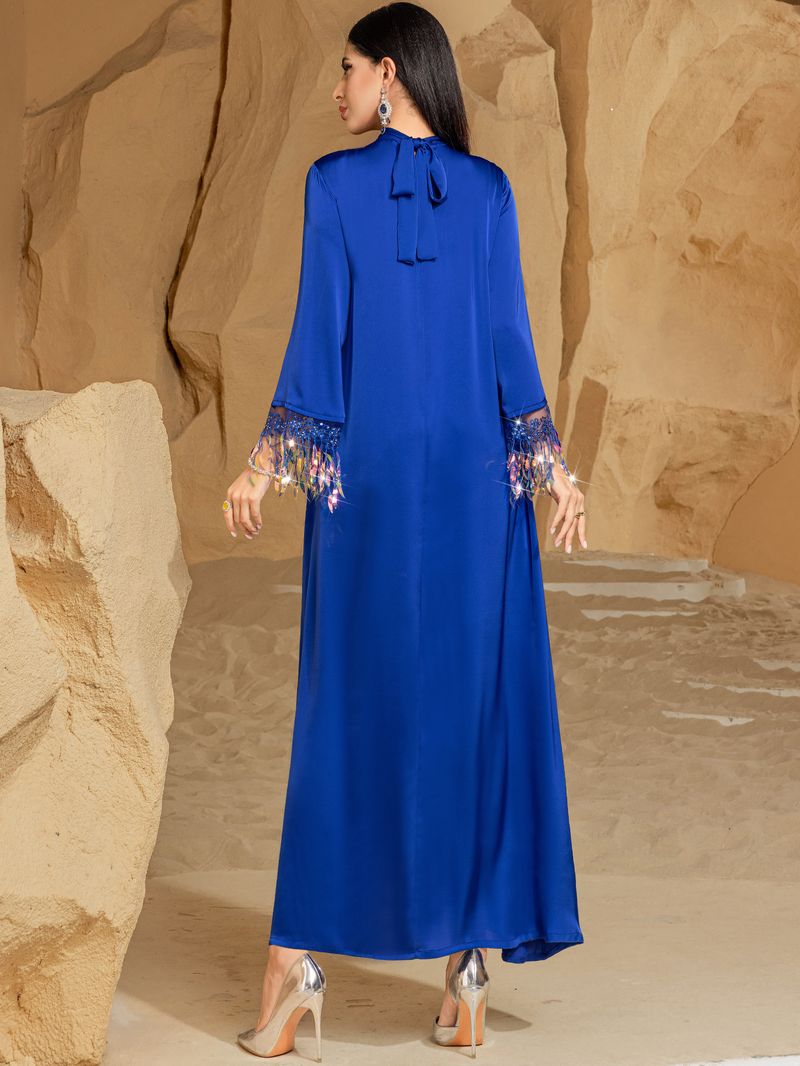 BA3147 Blue Iridescent Laser Gradient Tassel Abaya Long Dress_voghion.com