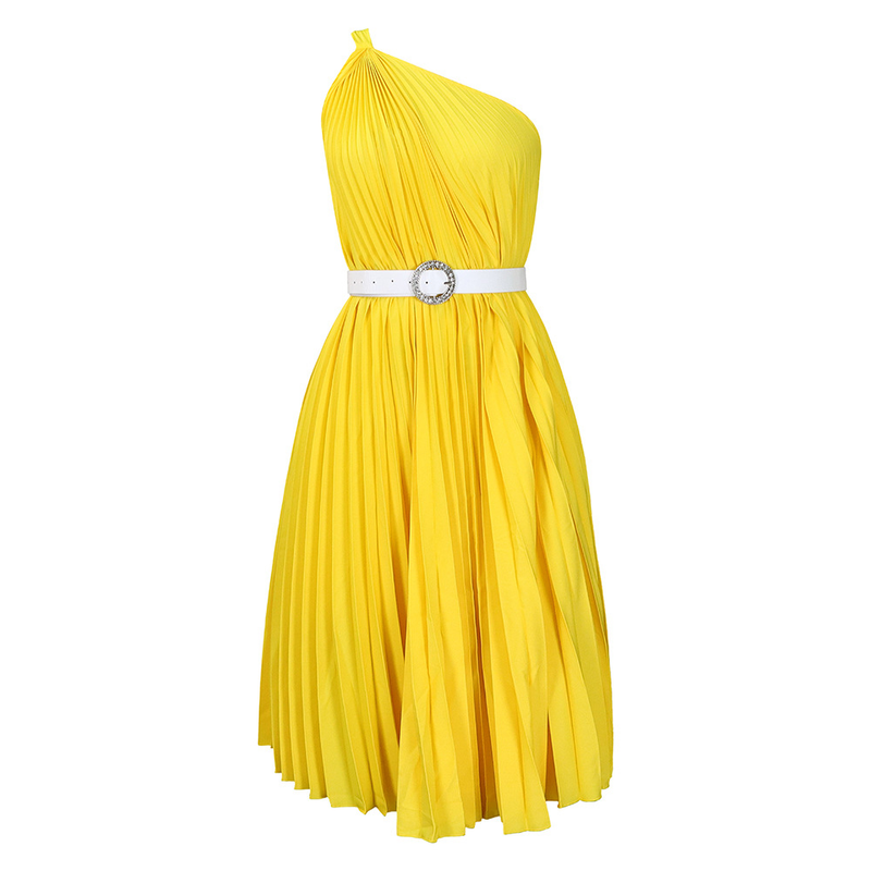 Women's with belt new fashion temperament slanted shoulders solid color pleated skirt hem _voghion.com