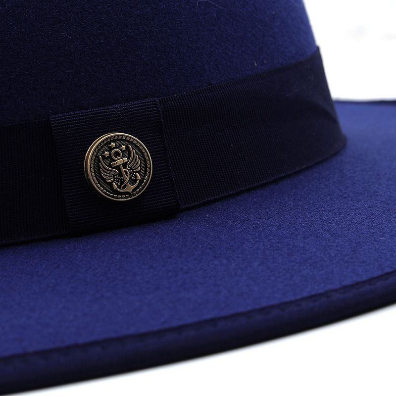 Unisex Bordered woolen top hat, double-sided color blocked felt hat, women's flat brimmed jazz hat, men's popular navy blue and red two-color hat_voghion.com