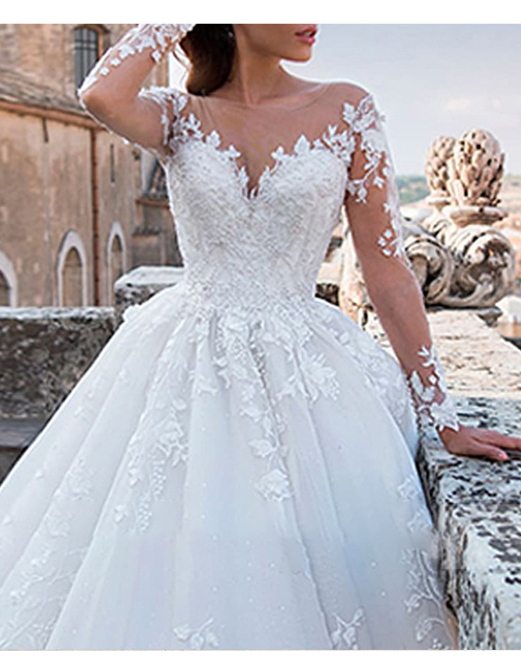Vestido de novia para mujer, vestido de novia nuevo con escote en V y cola grande, vestido de novia retro sexy de tul con mangas largas_voghion.com