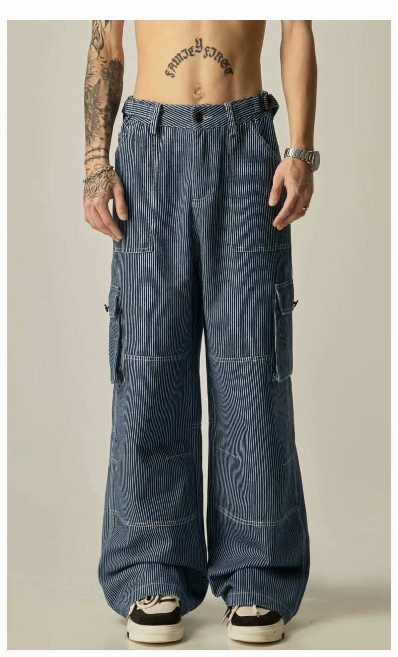 Men's Clothing Retro Striped Workwear Jeans Loose Wide Leg Pants Casual Niche Straight Trousers_voghion.com