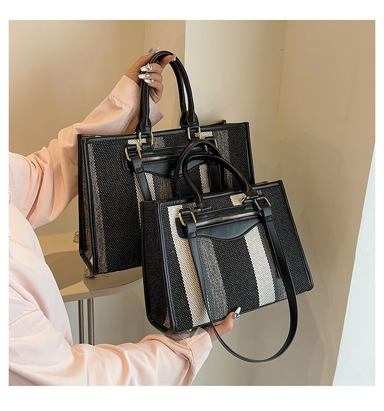 Baigou Luggage, Canvas Tote Bag, Women's 2024 New Contrasting Striped Handbag, Large Capacity Shoulder Bag_voghion.com