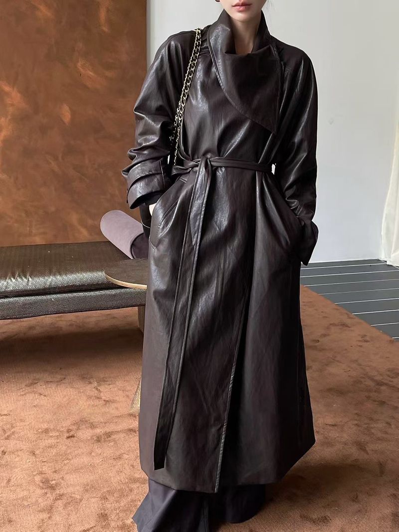 Trench vintage in similpelle per donna - Giacca a vento lunga e ampia con cintura e revers, effetto snellente_voghion.com