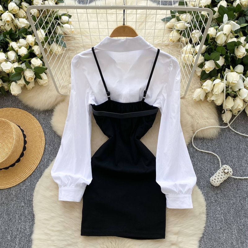 Damenbekleidung Damenmode mit Gürtel, Taillen-Hosenträgern, Hüftkleid + vielseitiges weißes Langarmhemd-Set_voghion.com