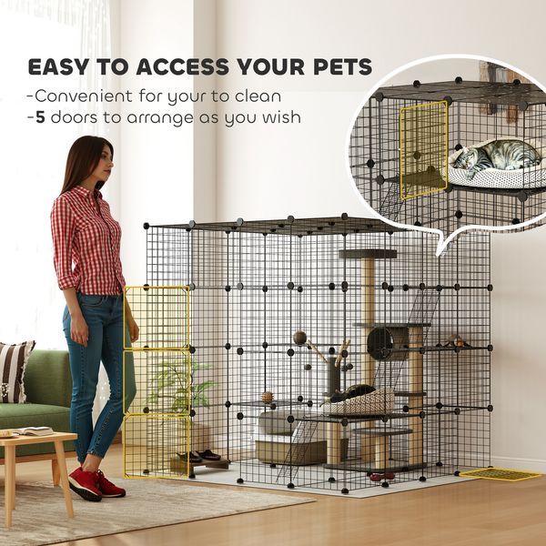 PawHut Detachable Metal Cat Cage With Platforms, Ramps, Accessories, For 1-3 Cats, 55', Black_voghion.com