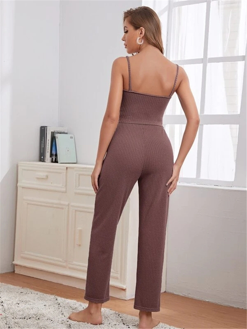 Women's home wear women's Waffle knit halter top trousers robe pajamas three sets_voghion.com