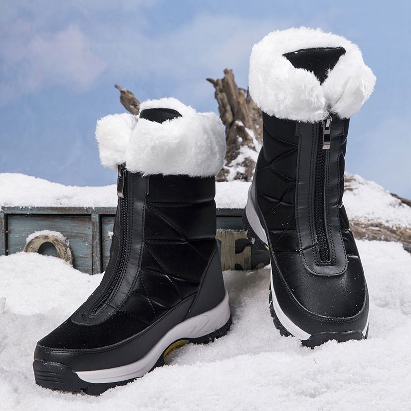 Dames sneeuwlaarzen met rits aan de voorkant en lange pluche voering, dikke warme winterlaarzen, waterdicht en slipvast, hoge katoenen laarzen_voghion.com