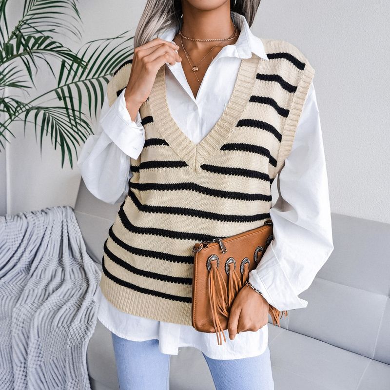 Maglione casual in maglia a righe con scollo a V, nuovo autunno inverno 2022, moda donna_voghion.com