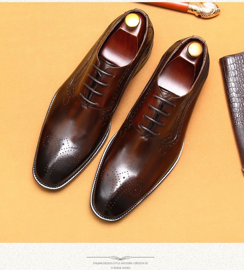 Ανδρικά δερμάτινα παπούτσια από γνήσιο δέρμα, ευρωπαϊκά και αμερικανικά, χειροποίητα βουρτσισμένα ανδρικά παπούτσια Oxford, για επίσημα επαγγελματικά ρούχα, μυτερά σκαλιστά μπρογκ_voghion.com