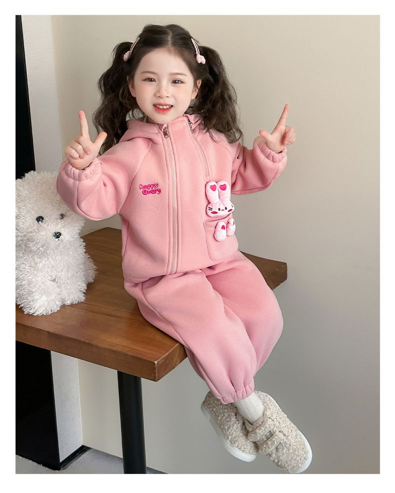Mädchen-Freizeitset Herbst Neues Fleece Cartoon Hase Stilvolle Kapuze Verdicktes Winteroutfit_voghion.com