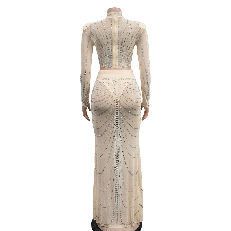 Kadın Giyim Mesh Mesh See Through Uzun Kollu Uzun Etek İki Parça Set_voghion.com
