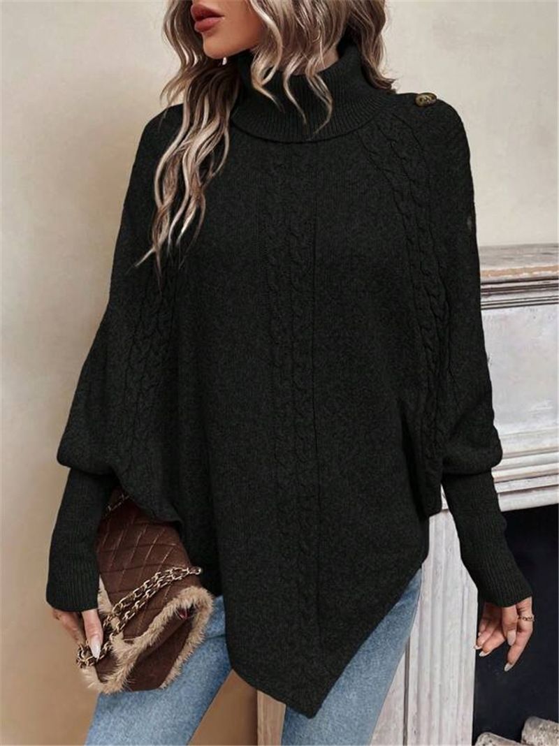 Women's Chunky Batwing Sweater With High Neck Button Details - Oversized Cable Knit Pullover For Fall & Winter (Khaki,_voghion.com