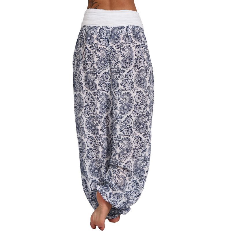 Roupas femininas Impressão digital Calças longas e largas Calças casuais Calças harém_voghion.com