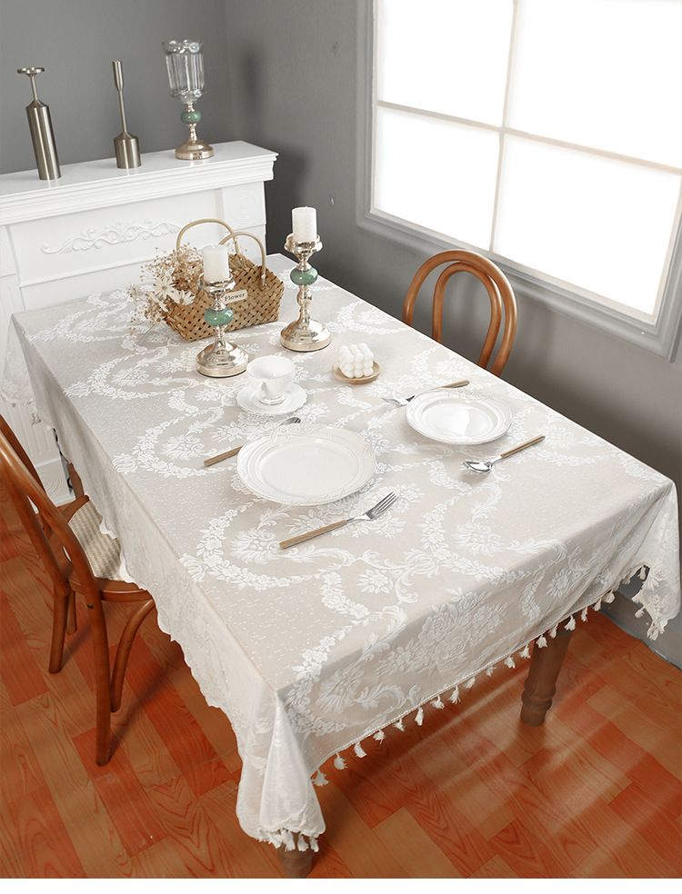 Tischdecke mit Rankenspitze und Fransen – Boho-Esstischläufer in 5 Größen, schmutzabweisend und hitzebeständig (140 x 220 cm, Weiß/Schwarz, Polyester-Baumwolle)_voghion.com