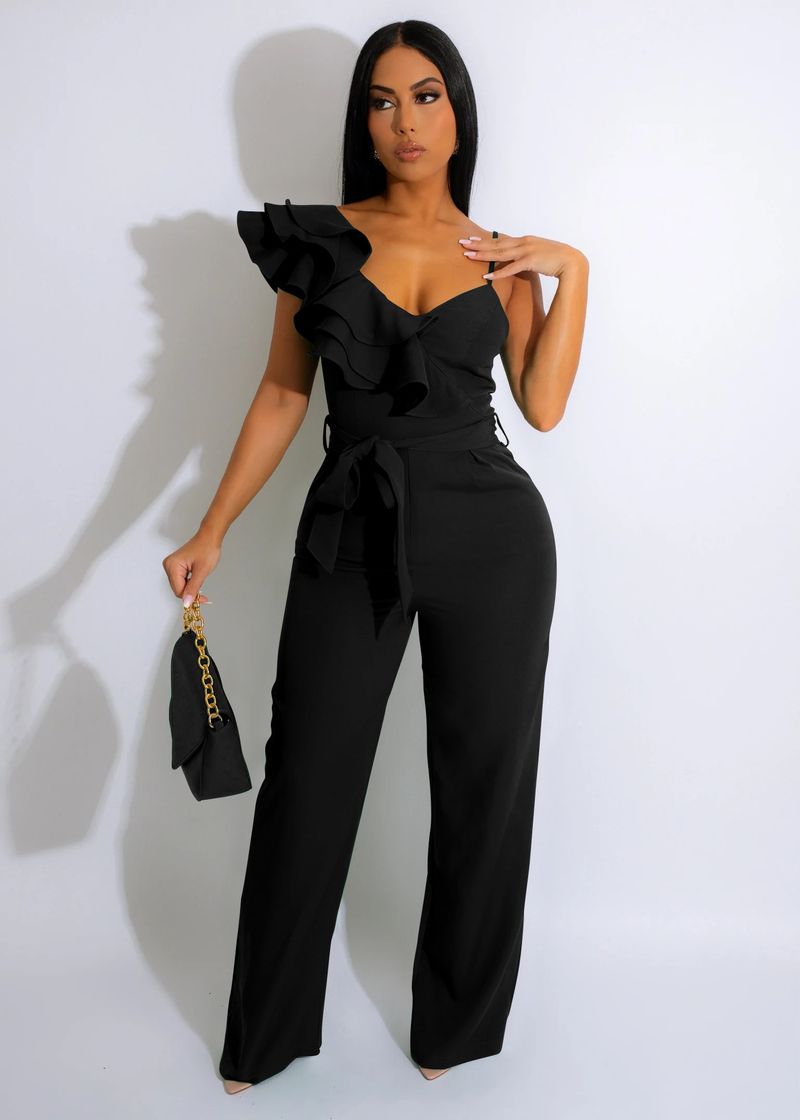 Ny moderigtig flæset enskuldret ærmeløs talje dyb V løs ensfarvet jumpsuit til kvinder_voghion.com