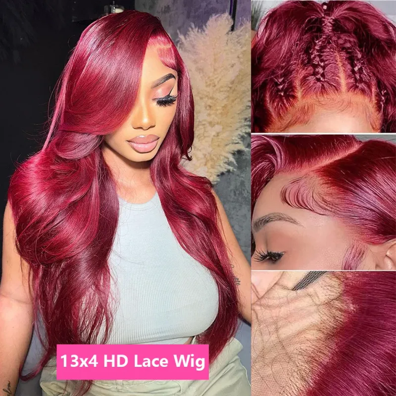 Parrucca frontale in capelli umani senza colla bordeaux da 30 pollici, pizzo frontale HD 13x6, onda del corpo colorata 13x4_voghion.com