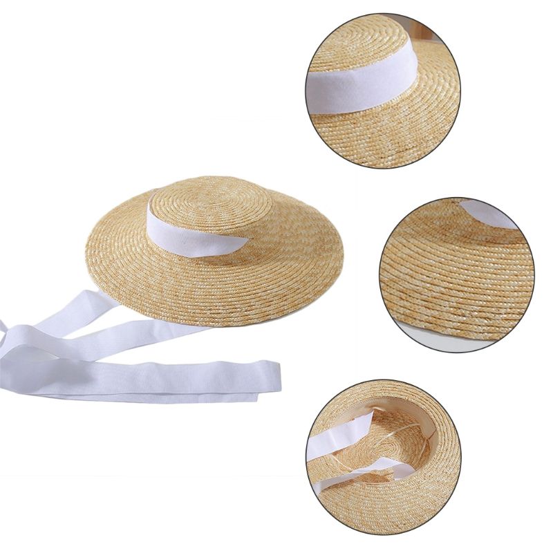 Cappello da sole da donna alla moda, estivo, largo, a tesa larga, con parte superiore piatta, in paglia, vintage, con lungo nastro, cinturino sotto il mento, da viaggio, protezione solare, floscio, da spiaggia_voghion.com