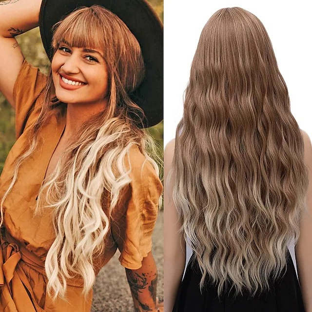 Synthetic wig New Women's Small Water Wave Pattern Wool Long Curled Hair Straight bangs Multi color Chemical Fiber Head Cover_voghion.com